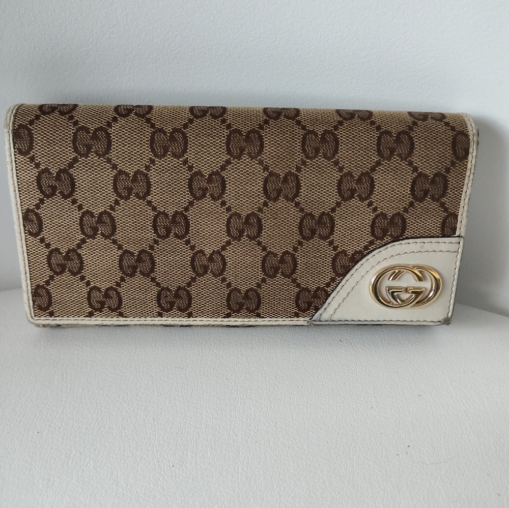Gucci Brown and Cream Wallet with Iconic Monogram In Gold